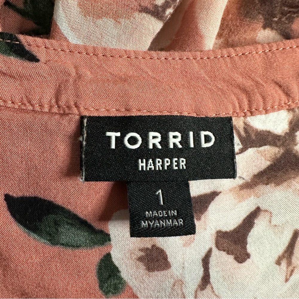 *TORRID* Harper Floral Taupe Challis Button-Front 3/4 Sleeve Blouse - Picture 6 of 10